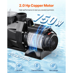 VEVOR Above Ground Pool Pump, 2 HP, 135 GPM Max Flow Single Speed Swimming Pool Pump, 220V 3450 RPM 61 ft Max Head Lift