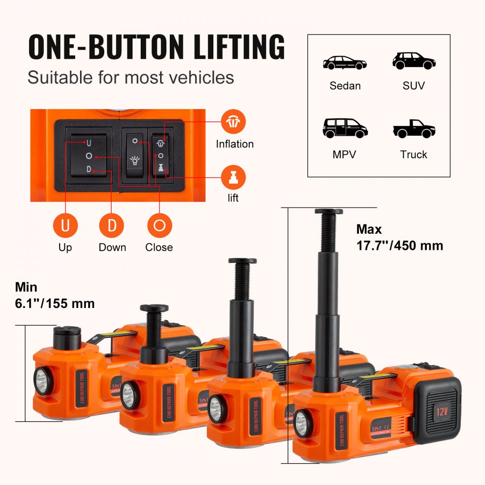 VEVOR Electric Car Jack, 5 Ton/11023 LBS Hydraulic Jack with Electric Impact Wrench, Portable Car Lift with Built-in