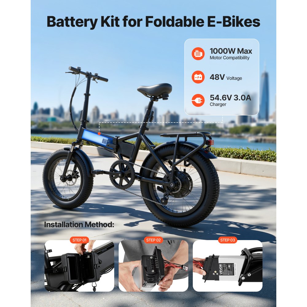VEVOR Folding Ebike Battery, 48V 10.4Ah Electric Bike Lithium Battery Pack with BMS, 3A Charger, Lock for 1000W E-Bike