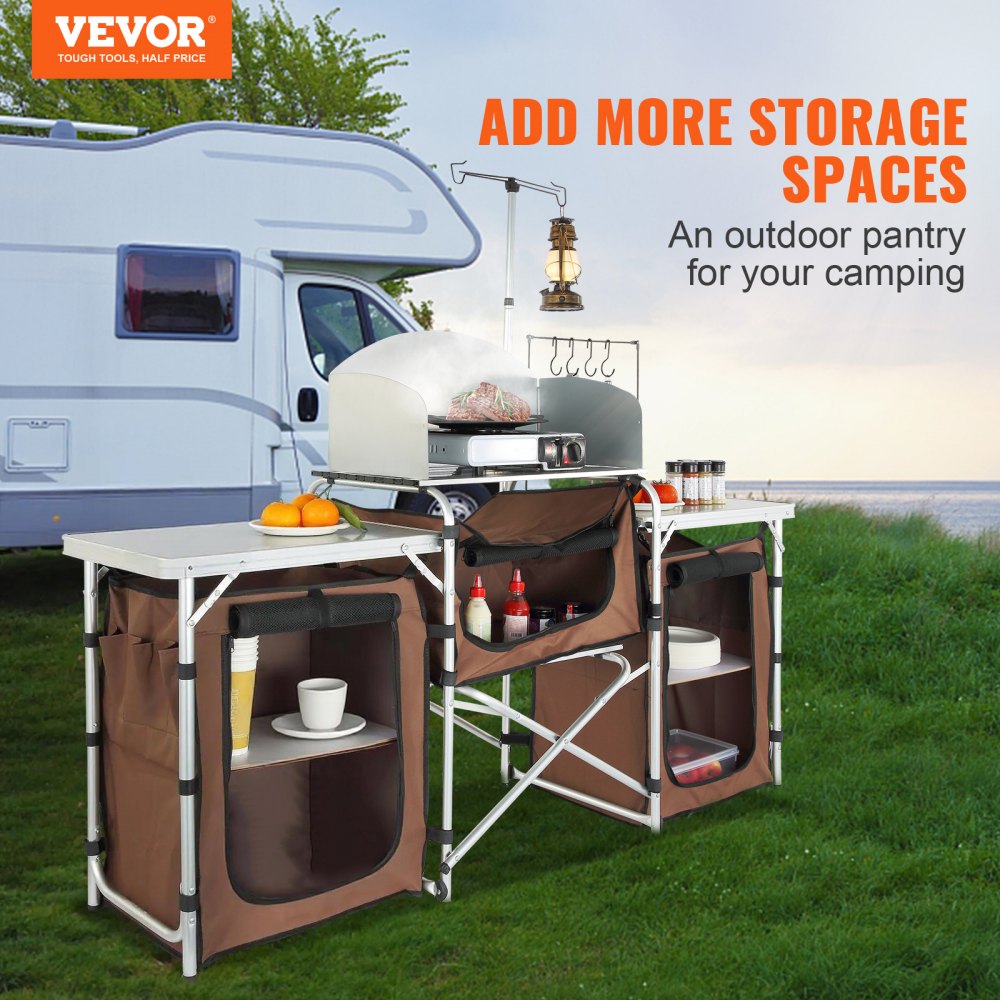 VEVOR Camping Kitchen Table, Folding Outdoor Cooking Table with Storage Carrying Bag, Aluminum Cook Station 3 Cupboard