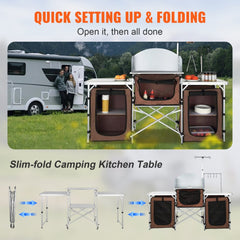 VEVOR Camping Kitchen Table, Folding Outdoor Cooking Table with Storage Carrying Bag, Aluminum Cook Station 3 Cupboard