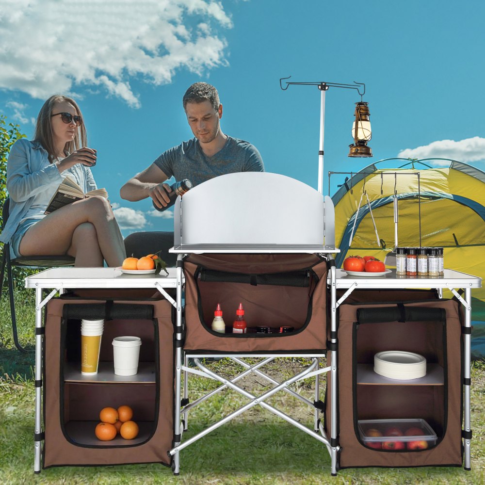 VEVOR Camping Kitchen Table, Folding Outdoor Cooking Table with Storage Carrying Bag, Aluminum Cook Station 3 Cupboard