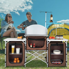 VEVOR Camping Kitchen Table, Folding Outdoor Cooking Table with Storage Carrying Bag, Aluminum Cook Station 3 Cupboard