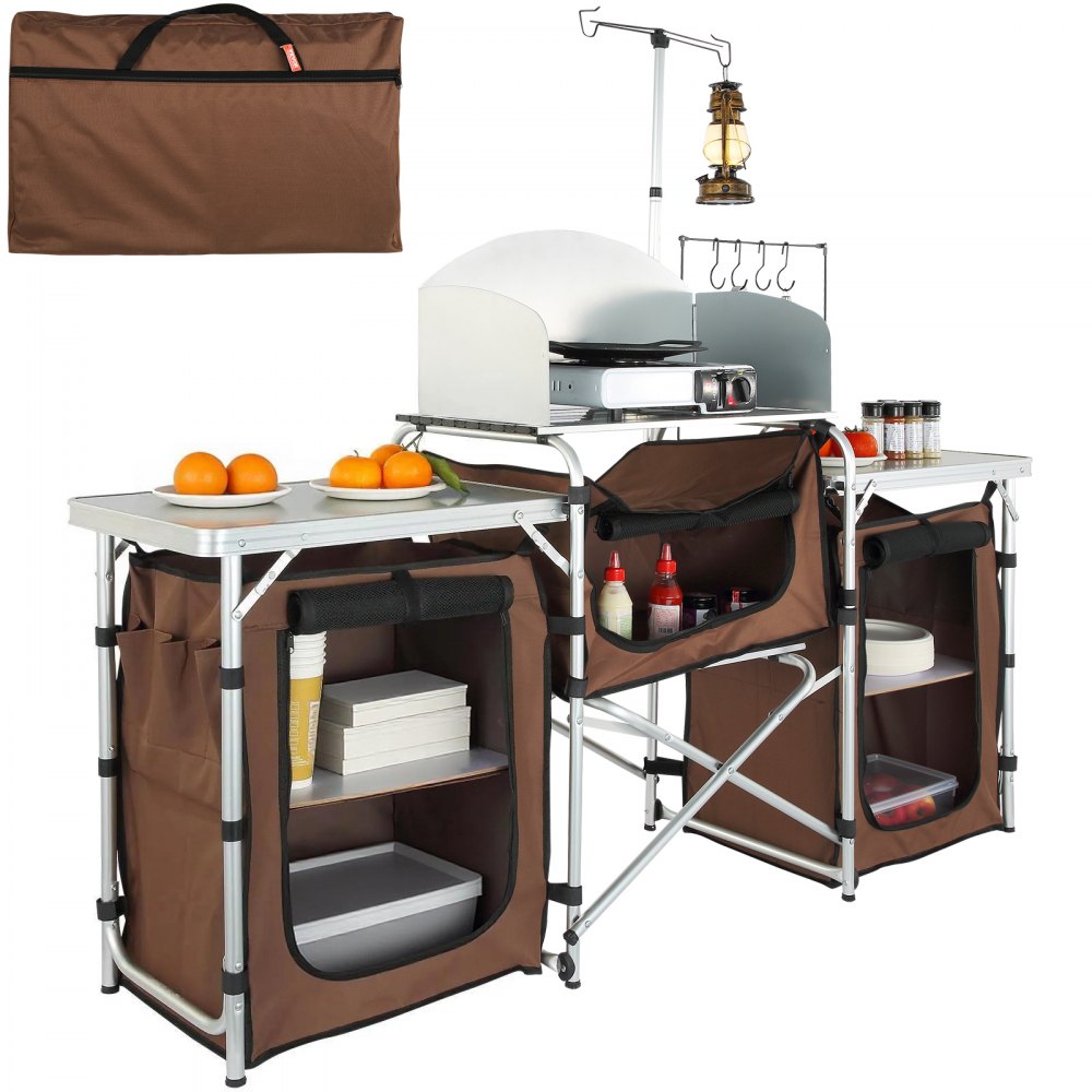 VEVOR Camping Kitchen Table, Folding Outdoor Cooking Table with Storage Carrying Bag, Aluminum Cook Station 3 Cupboard