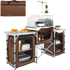 VEVOR Camping Kitchen Table, Folding Outdoor Cooking Table with Storage Carrying Bag, Aluminum Cook Station 3 Cupboard