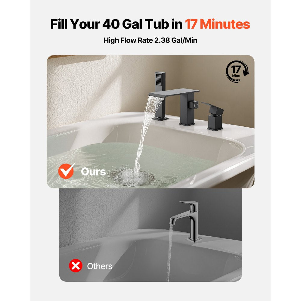 VEVOR Roman Tub Faucet, 3 Hole Waterfall Bathtub Faucet, Roman Bathtub Faucets Set with Shower Head & 1 Handle, Deck