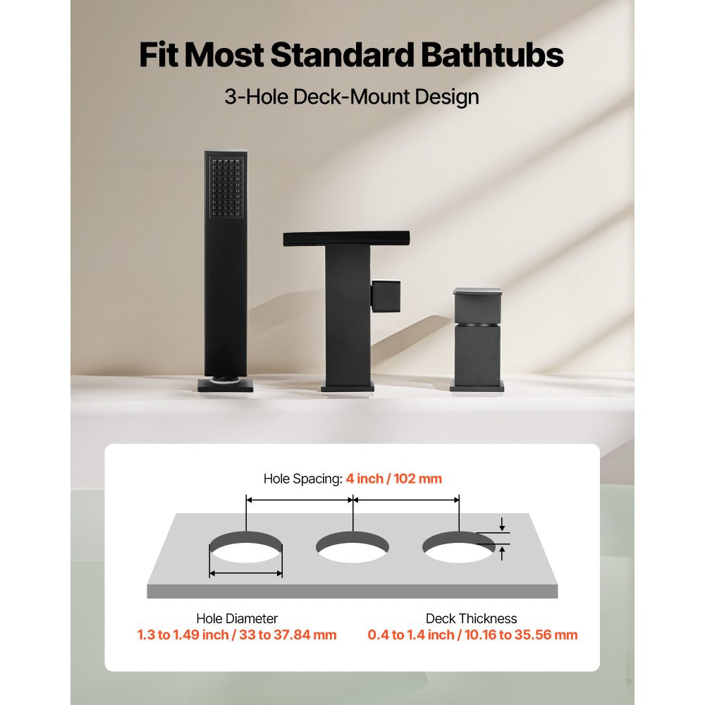 VEVOR Roman Tub Faucet, 3 Hole Waterfall Bathtub Faucet, Roman Bathtub Faucets Set with Shower Head & 1 Handle, Deck