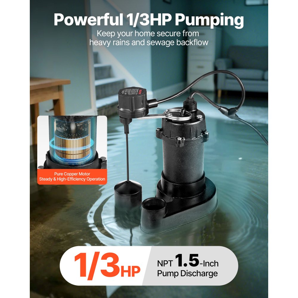 VEVOR Submersible Sewage Pump, 1/3 HP, 3000 GPH Cast Iron Sewage/Effluent Pump with Automatic Float Switch, 1.5-Inch