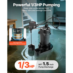 VEVOR Submersible Sewage Pump, 1/3 HP, 3000 GPH Cast Iron Sewage/Effluent Pump with Automatic Float Switch, 1.5-Inch