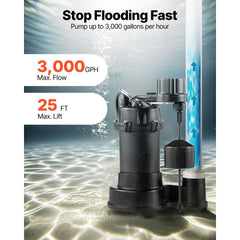 VEVOR Submersible Sewage Pump, 1/3 HP, 3000 GPH Cast Iron Sewage/Effluent Pump with Automatic Float Switch, 1.5-Inch