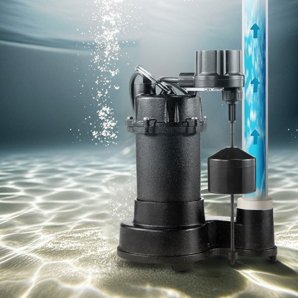 VEVOR Submersible Sewage Pump, 1/3 HP, 3000 GPH Cast Iron Sewage/Effluent Pump with Automatic Float Switch, 1.5-Inch