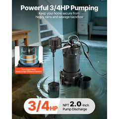 VEVOR Submersible Sewage Pump, 3/4 HP, 6000 GPH Cast Iron Sewage/Effluent Pump with Automatic Tethered Float Switch