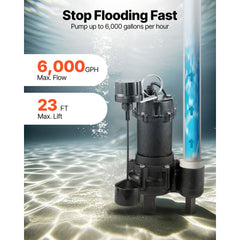 VEVOR Submersible Sewage Pump, 3/4 HP, 6000 GPH Cast Iron Sewage/Effluent Pump with Automatic Tethered Float Switch