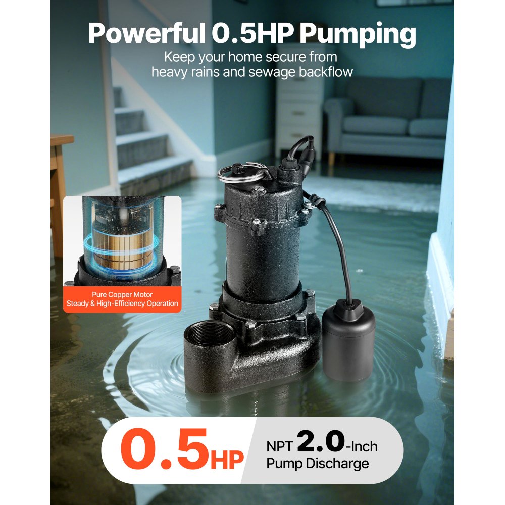 VEVOR Submersible Sewage Pump, 1/2 HP, 4800 GPH Cast Iron Sewage/Effluent Pump with Automatic Tethered Float Switch