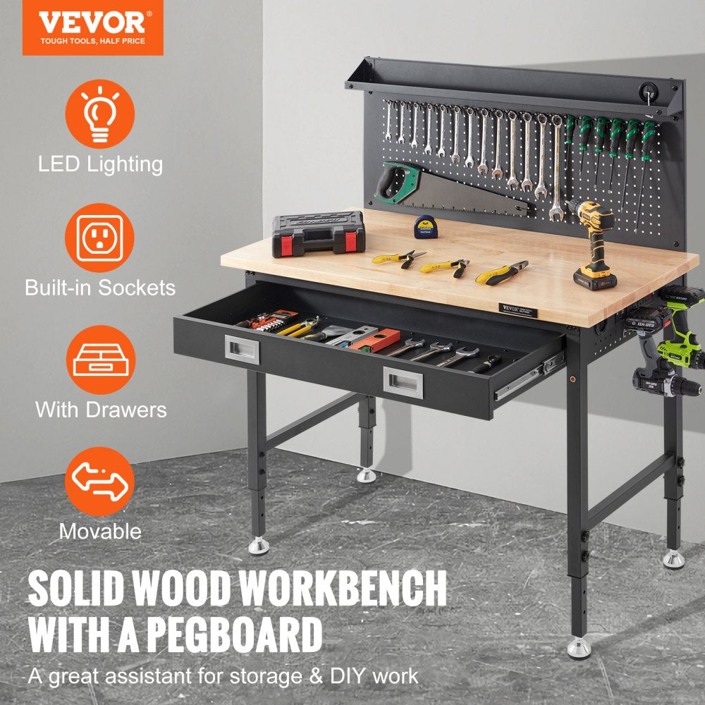 VEVOR Workbench Adjustable Height 28-39.5" Work Bench For Garage Oak Plank & Carbon Steel Heavy Duty Workbench 2000lbs