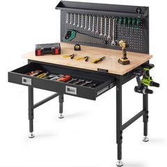 VEVOR Workbench Adjustable Height 28-39.5" Work Bench For Garage Oak Plank & Carbon Steel Heavy Duty Workbench 2000lbs