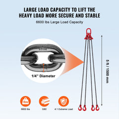 VEVOR Chain Sling, 1/4 inch x 5 ft Lifting Chains with Hooks, G80 Engine Chain Hoist Lifts, 6600 lbs/3 Ton Lifting