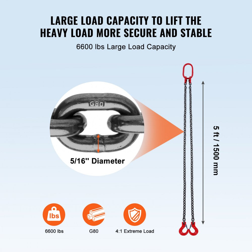 VEVOR Chain Sling, 5/16 inch x 5 ft Lifting Chains with Hooks, G80 Engine Chain Hoist Lifts, 6600 lbs/3 Ton Capacity
