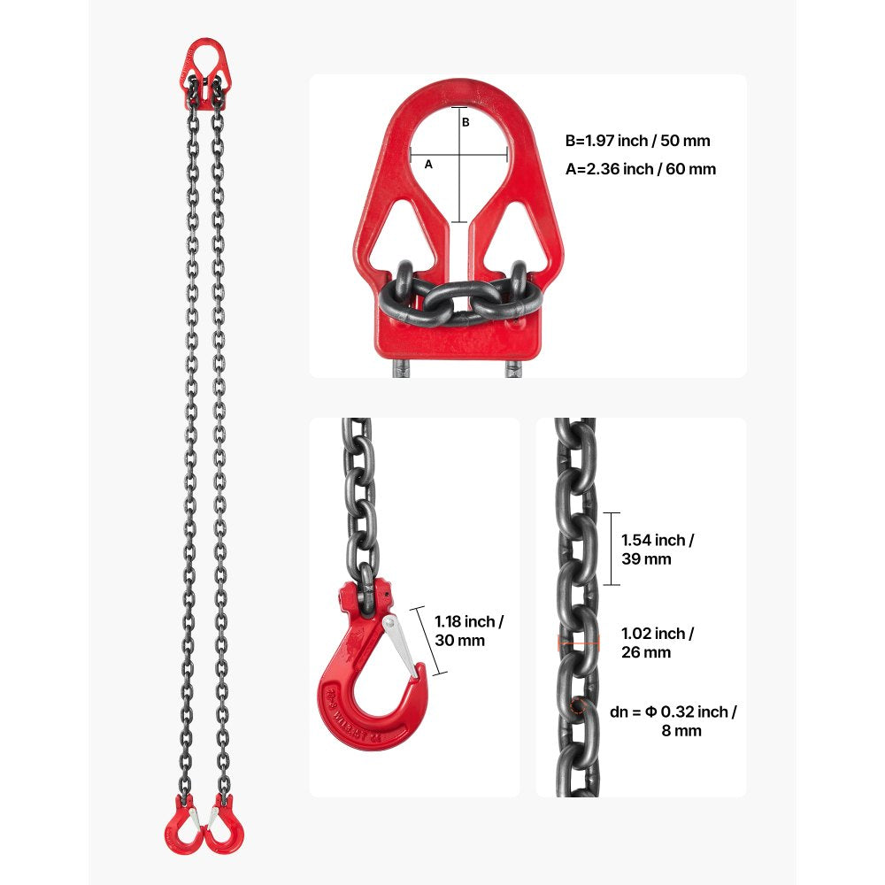 VEVOR Chain Sling, 5/16 in x 10 ft Lifting Chains with 2 Leg Grab Hooks, Heavy Duty G80 Alloy Steel Lifting Sling
