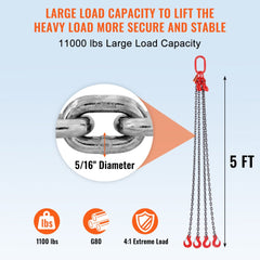 VEVOR Chain Sling, 5/16 inch x 5 ft Lifting Chains with Hooks, G80 Engine Chain Hoist Lifts, 11000 lbs/5 Ton Lifting