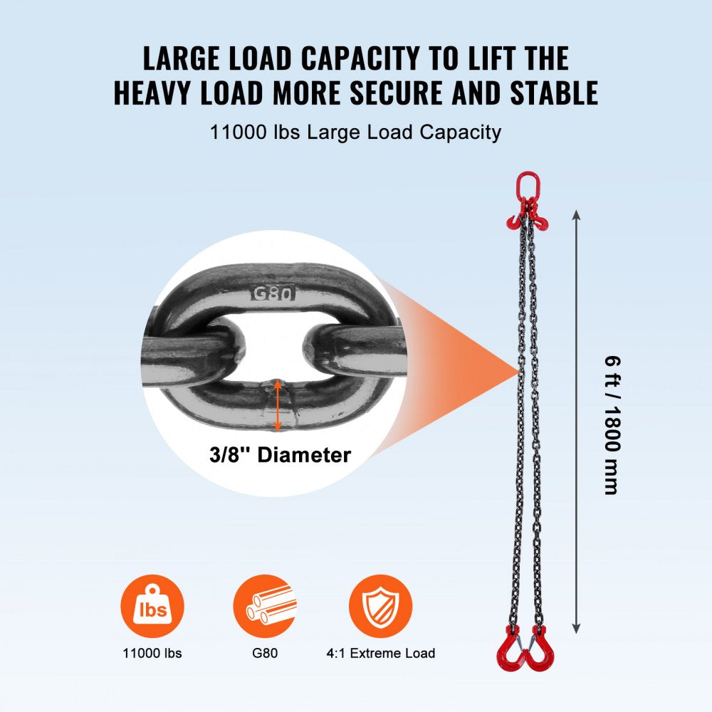 VEVOR Chain Sling, 3/8 inch x 6 ft Lifting Chains with Hooks, G80 Engine Chain Hoist Lifts, 11000 lbs/5 Ton Lifting