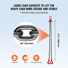 VEVOR Chain Sling, 3/8 inch x 6 ft Lifting Chains with Hooks, G80 Engine Chain Hoist Lifts, 11000 lbs/5 Ton Lifting
