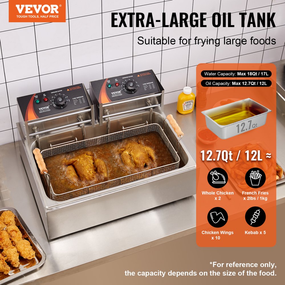 VEVOR Commercial Deep Fryer, 3000W Electric Turkey Fryer with 3 Removable Baskets, Large Capacity 18Qt / 17L Stainless