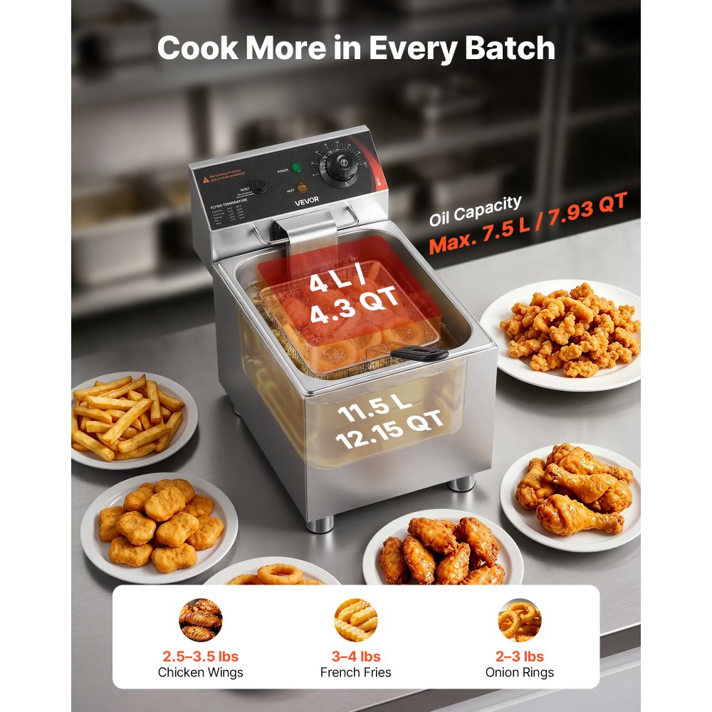 VEVOR Commercial Electric Deep Fryer, 12.15 Qt, 1750W Stainless Steel Countertop Fryer with Basket and Lid, Overheat