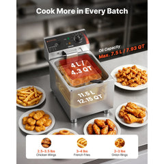 VEVOR Commercial Electric Deep Fryer, 12.15 Qt, 1750W Stainless Steel Countertop Fryer with Basket and Lid, Overheat
