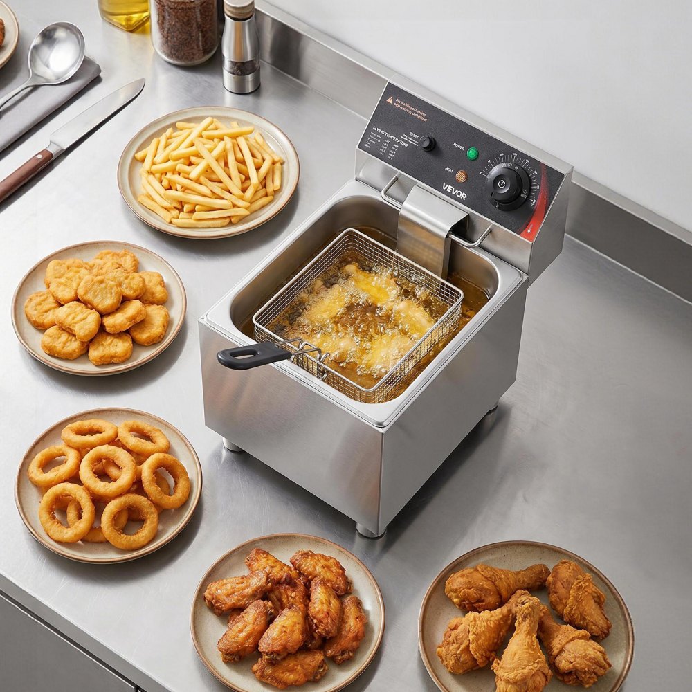 VEVOR Commercial Electric Deep Fryer, 12.15 Qt, 1750W Stainless Steel Countertop Fryer with Basket and Lid, Overheat