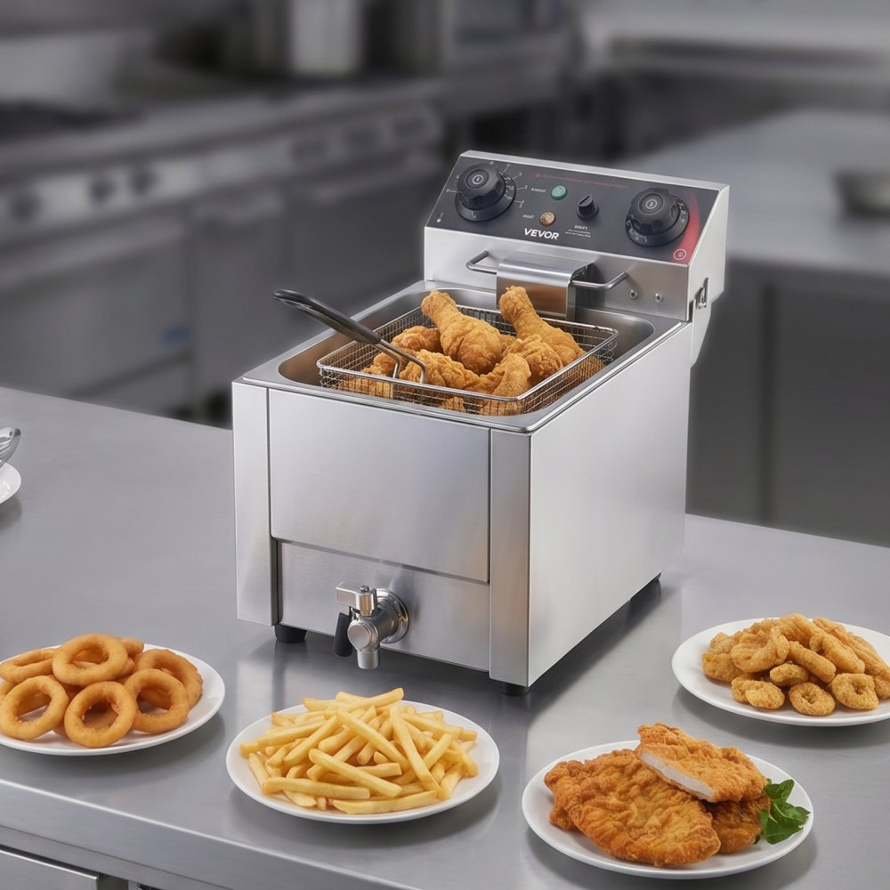 VEVOR Commercial Electric Deep Fryer, Oil Filtration Upgrade, 9.51 Qt, 1750W Stainless Steel Countertop Fryer with