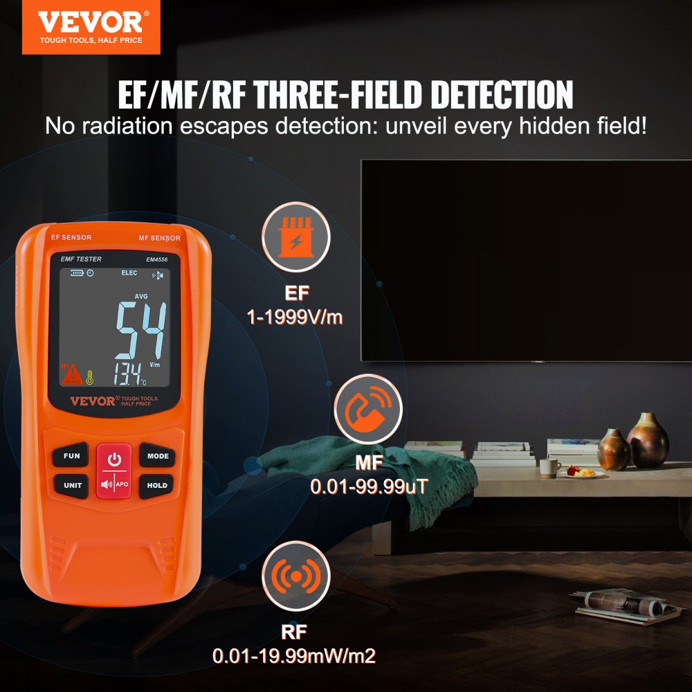 VEVOR 3-in-1 EMF Meter, 5Hz-6GHz, Handheld Rechargeable Electromagnetic Field Radiation Detector, Digital LCD EMF