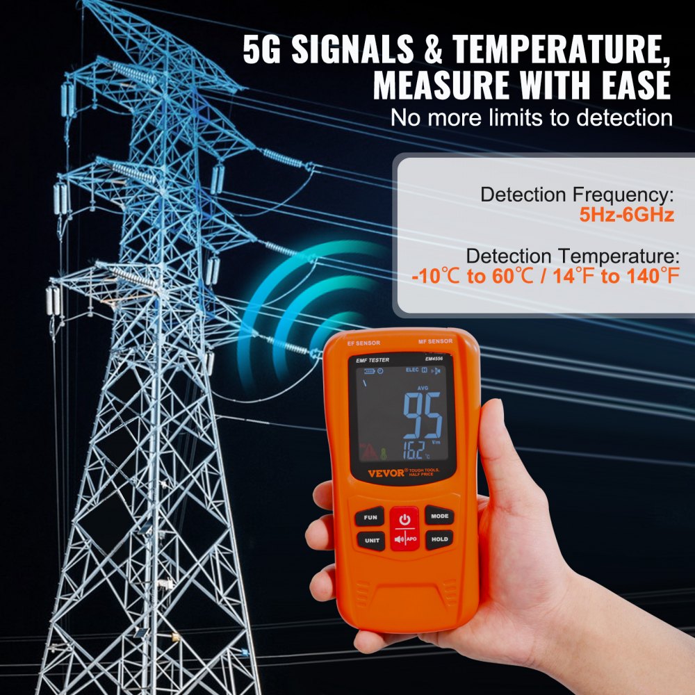 VEVOR 3-in-1 EMF Meter, 5Hz-6GHz, Handheld Rechargeable Electromagnetic Field Radiation Detector, Digital LCD EMF