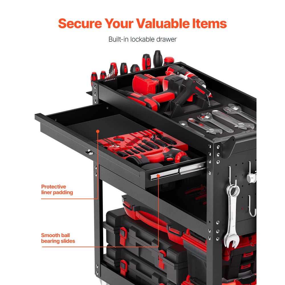 VEVOR 4-Tier Tool Cart with Wheels, 350 lbs Load Capacity, Rolling Work Cart with Drawer & Pegboard, Mechanic Tool