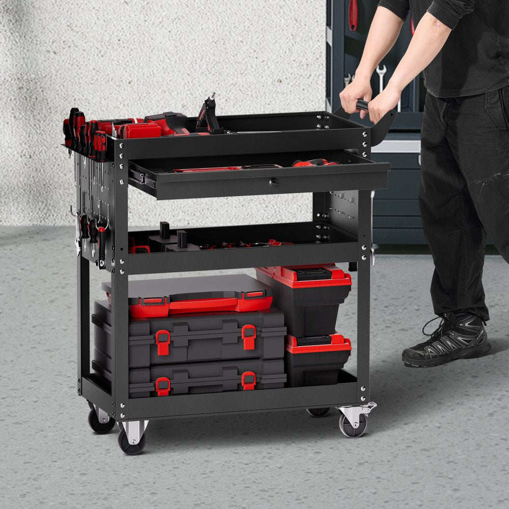 VEVOR 4-Tier Tool Cart with Wheels, 350 lbs Load Capacity, Rolling Work Cart with Drawer & Pegboard, Mechanic Tool