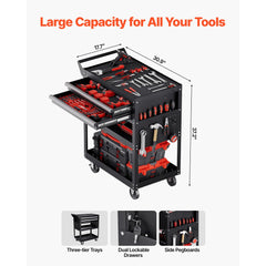 VEVOR 5-Tier Tool Cart with Wheels, 400 lbs Load Capacity, Rolling Work Cart with 2 Drawers & Pegboard, Mechanic Tool