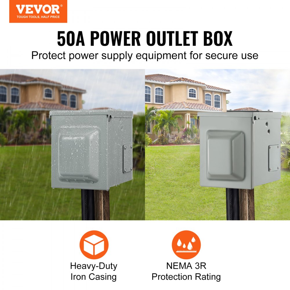 VEVOR 50 Amp RV Power Outlet Box, 125/250 Volt, Enclosed Lockable Outdoor RV Receptacle Box, NEMA 14-50R Weatherproof