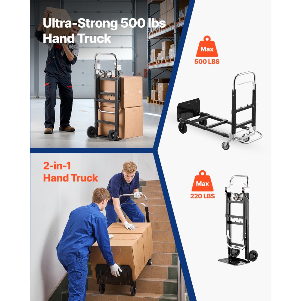 VEVOR 2 in 1 Folding Hand Truck, 500 lbs Load Capacity for 4-Wheel Mode, Convertible Hand Truck Dolly with Wheels &