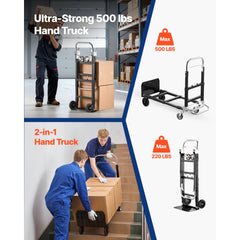 VEVOR 2 in 1 Folding Hand Truck, 500 lbs Load Capacity for 4-Wheel Mode, Convertible Hand Truck Dolly with Wheels &
