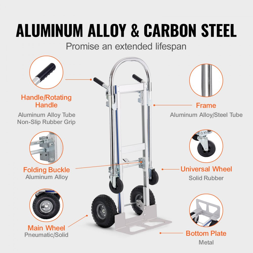 VEVOR Aluminum Hand Truck, 2 in 1, 800 lbs Load Capacity, Heavy Duty Industrial Convertible Folding Hand Truck and