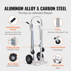 VEVOR Aluminum Hand Truck, 2 in 1, 800 lbs Load Capacity, Heavy Duty Industrial Convertible Folding Hand Truck and