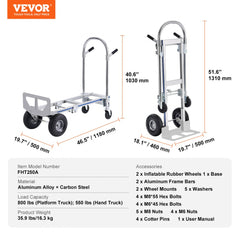 VEVOR Aluminum Hand Truck, 2 in 1, 800 lbs Load Capacity, Heavy Duty Industrial Convertible Folding Hand Truck and