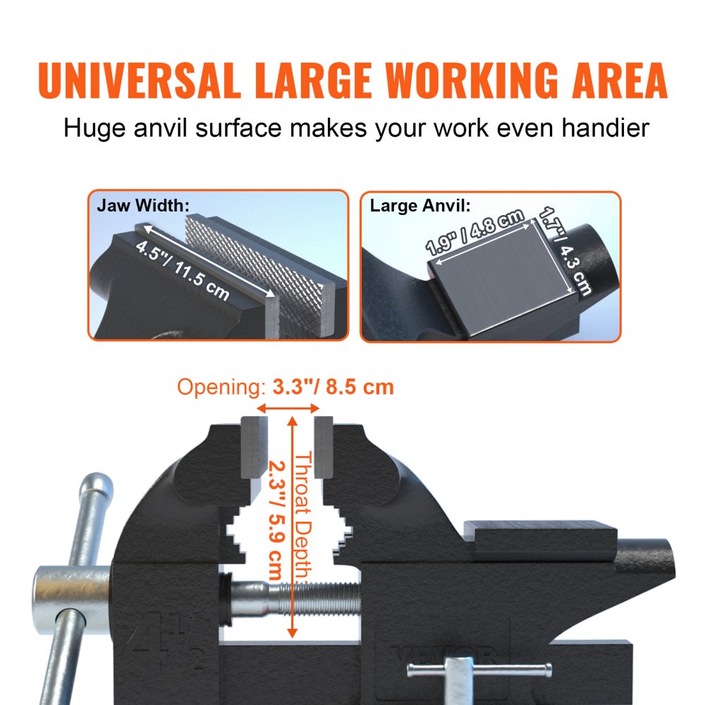VEVOR Bench Vise, 4.5-inch Jaw Width 3.3-inch Jaw Opening , 240-Degree Swivel Locking Base Multipurpose Vise with