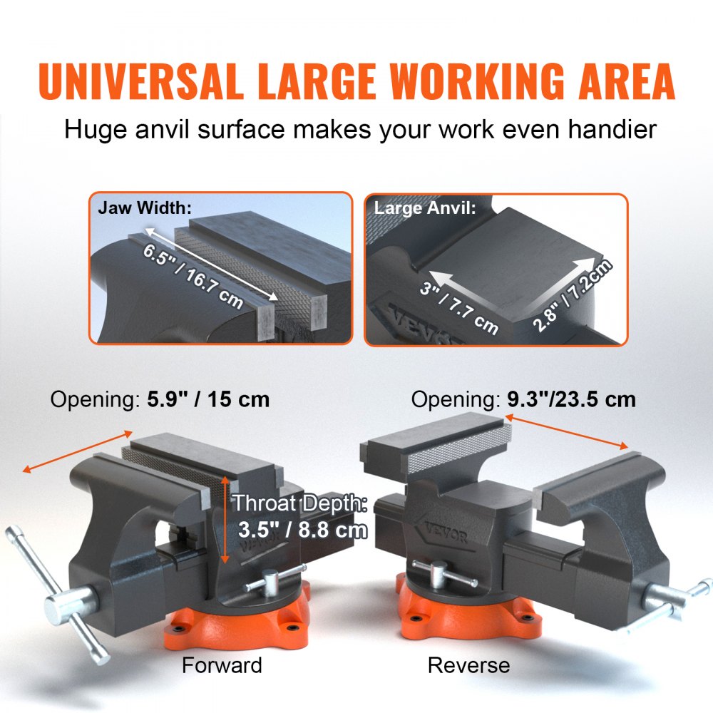 VEVOR Bench Vise, 6.5" Jaw Width 6.5" Forward &9.3" Reverse Opening, 360-Degree Swivel Locking Base Multipurpose
