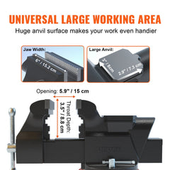 VEVOR Bench Vise, 6-inch Jaw Width 5.9-inch Jaw Opening, 360-Degree Swivel Locking Base Multipurpose Vise with Anvil