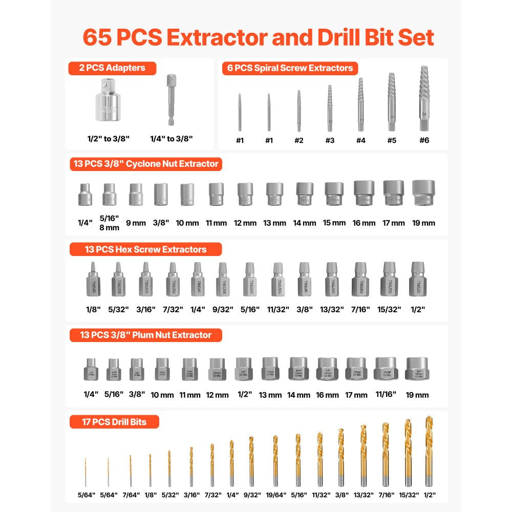 VEVOR Screw Extractor Set with Drill Bits, 65 Pieces, Easy Out Nut Bolt Extractors and Drill Bits, with Adapters, Solid