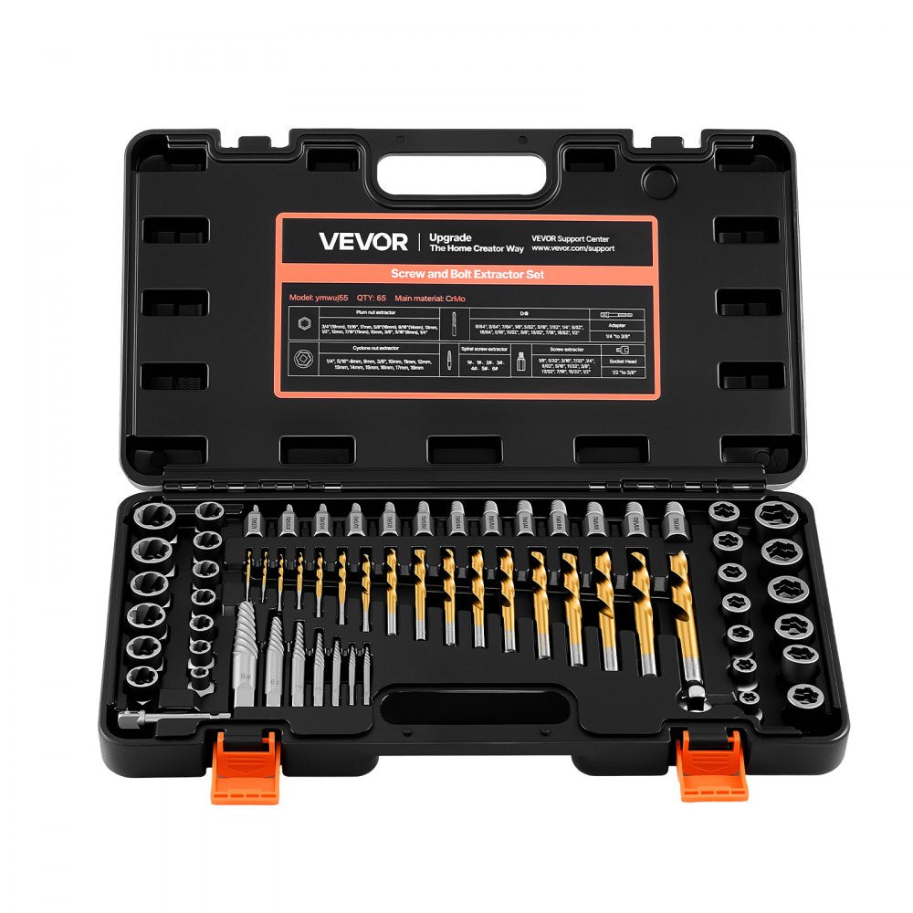 VEVOR Screw Extractor Set with Drill Bits, 65 Pieces, Easy Out Nut Bolt Extractors and Drill Bits, with Adapters, Solid