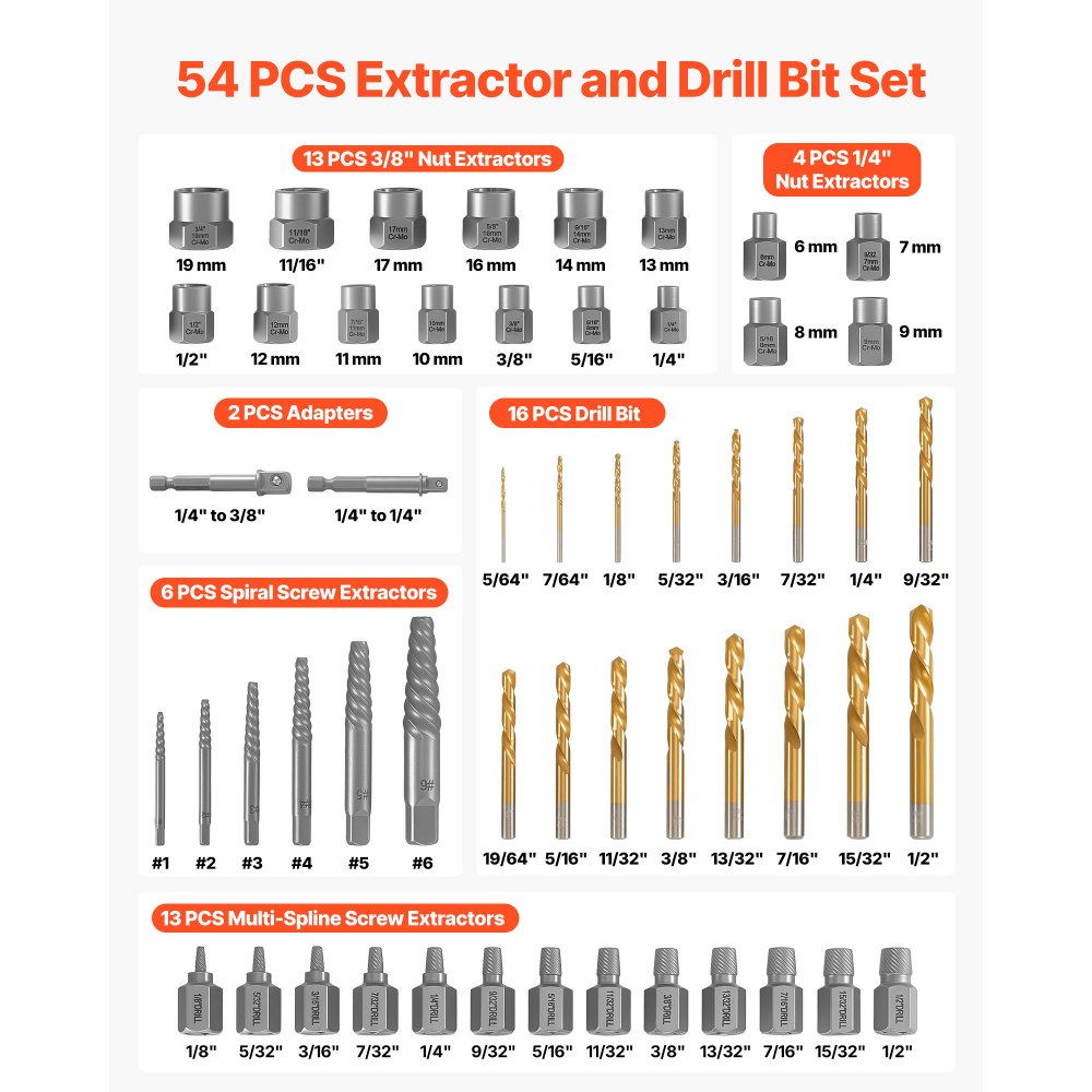 VEVOR Screw Extractor Set with Drill Bits, 54 Pieces, Easy Out Nut Bolt Extractors and Drill Bits, with Adapters, Solid