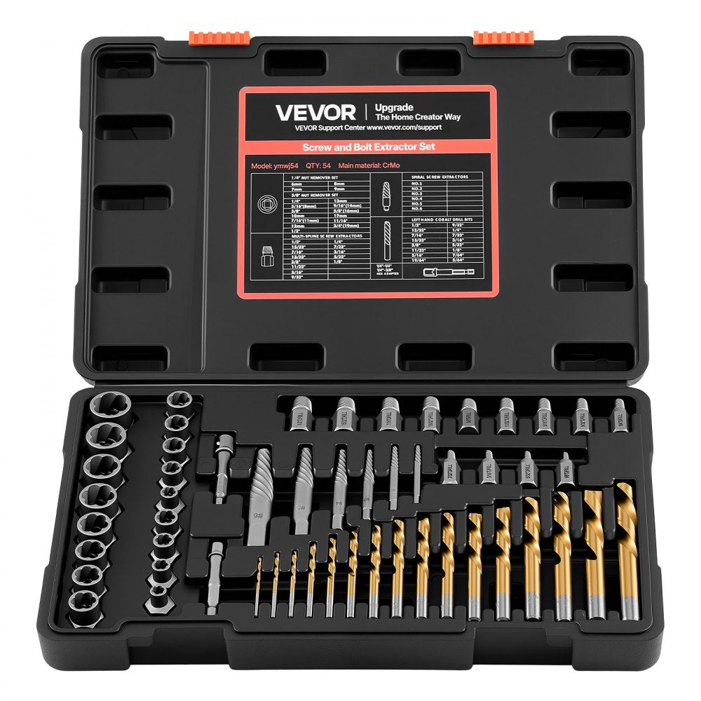 VEVOR Screw Extractor Set with Drill Bits, 54 Pieces, Easy Out Nut Bolt Extractors and Drill Bits, with Adapters, Solid