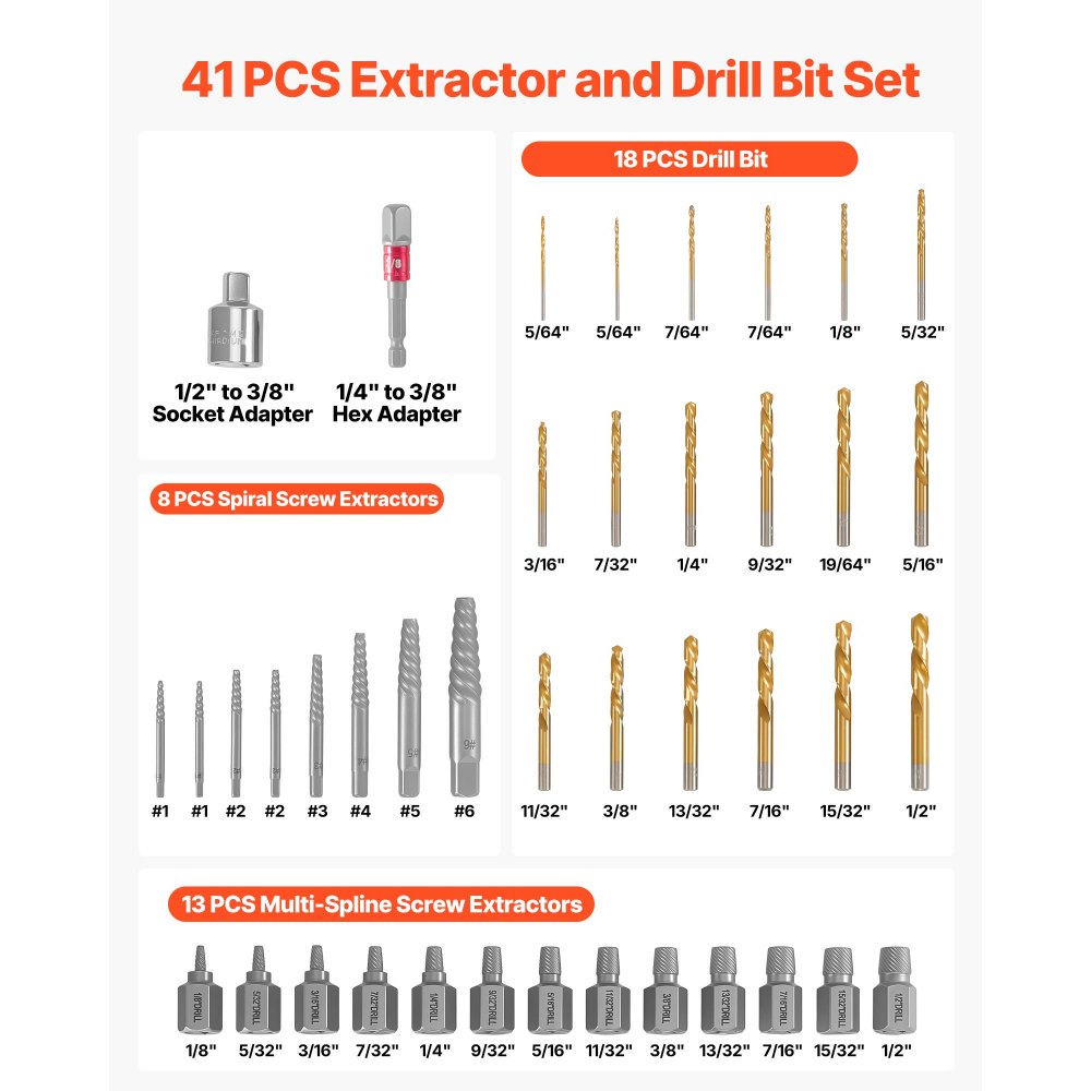 VEVOR Screw Extractor Set with Drill Bits, 41 Pieces, Easy Out Bolt Extractors and Drill Bits, with Adapters, Solid